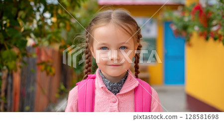 A sweet young girl with braided hair and blue eyes, wearing a pink backpack and sweater, smiles gently at the camera outdoors, ready for a day of school and new experiences 128581698