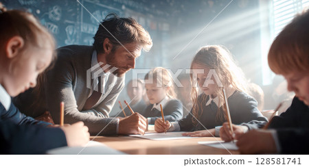 A male teacher attentively helps young students with their writing in a sunlit classroom, emphasizing personalized guidance and a supportive learning environment 128581741
