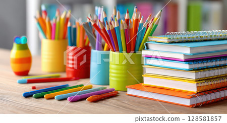 A close-up view of a wooden desk featuring a collection of school and office supplies, including a ceramic holder filled with colorful pencils, various notebooks, pens, and jar of miscellaneous items 128581857