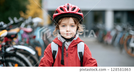 A child wearing red helmet, backpack stands confidently, looking directly at camera, with a blurred parked bicycles. Concept of safety, independence, and active transportation for school or recreation A child wearing red helmet, backpack stands confidently, looking directly at camera, with a blurred parked bicycles. Concept of safety, independence, and active transportation for school or recreation 128581863