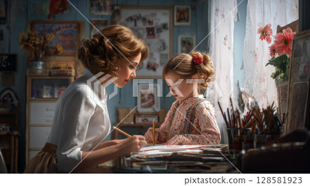 Enchanting Creative Duo: Mother and Child Engaged in Artistic Learning, Fostering Imagination and Development in a Warm Home Setting 128581923