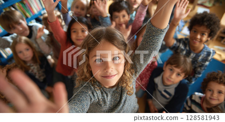 Group of children, some with their hands raised, looking up at the camera with bright smiles. The image conveys a sense of excitement, community, and active participation 128581943