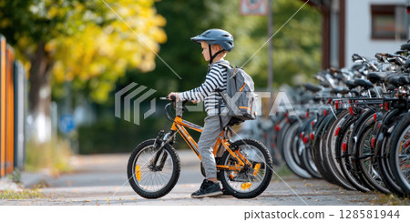 A young boy, wearing a helmet and backpack, confidently sits on his bicycle with a line of parked bikes in the background. This image captures the essence of a daily commute to school 128581944