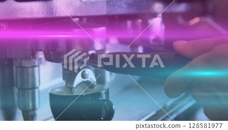 Image of glowing blue and purple light over caucasian male barista making coffee Image of glowing blue and purple light over caucasian male barista making coffee 128581977