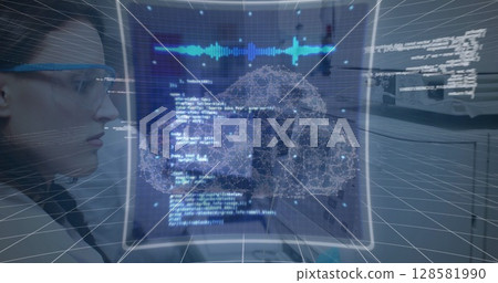 Image of cloud and data processing over caucasian female doctor 128581990