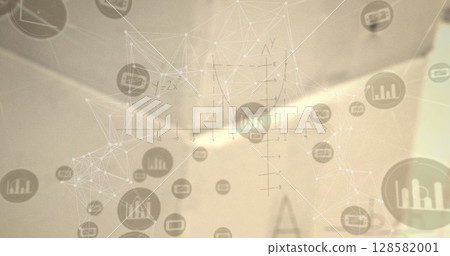 Image of network of connections with icons over blurred background 128582001