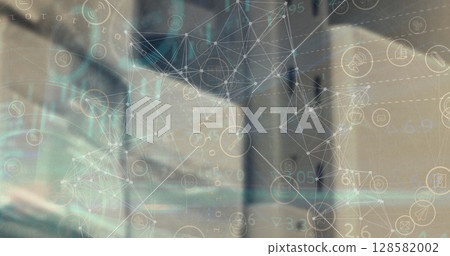 Image of network of connections with icons over server room Image of network of connections with icons over server room 128582002