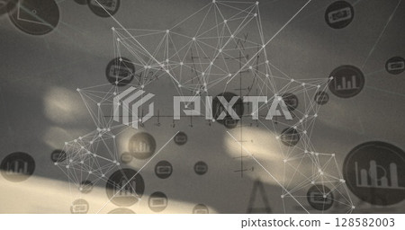 Image of network of connections with icons over white background 128582003