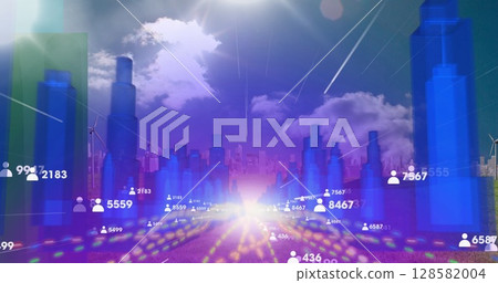 Image of media icons over digital city 128582004