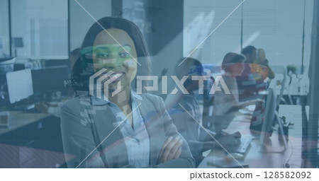 Image of data processing over diverse business people in office 128582092