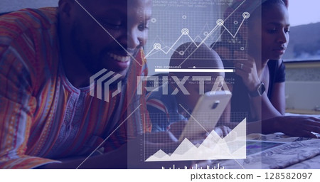 Image of data processing over african american family using technology 128582097