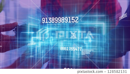 Image of financial data processing over people using payment terminal 128582131