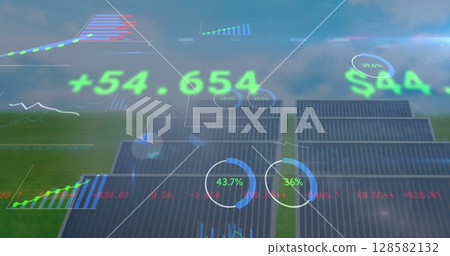 Image of financial data processing over solar panels Image of financial data processing over solar panels 128582132