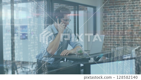 Image of glowing light over caucasian businessman using technology 128582140