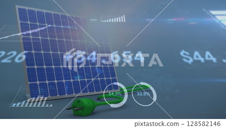 Image of financial data processing over solar panel 128582146