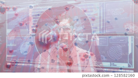 Doctor in lab coat and tie analyzing virus outbreak data in laboratory, with monitors, virus models Doctor in lab coat and tie analyzing virus outbreak data in laboratory, with monitors, virus models 128582160