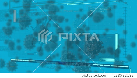 Displaying 3D virus model floating within digital HUD interface, with grid lines and data panels 128582182
