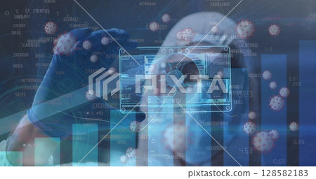 Touching blue-gloved hand exploring holographic virus data in analytics lab, showing bar charts 128582183