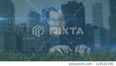 Typing man wearing glasses generating floating code overlays in park, with tree canopy, skyscrapers Typing man wearing glasses generating floating code overlays in park, with tree canopy, skyscrapers 128582196