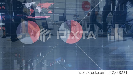 Image of financial data processing over diverse group of business people 128582211
