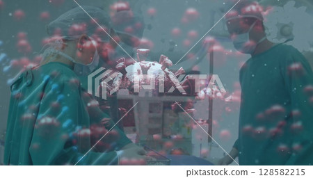 Three surgeons wearing green gowns performing surgery in operating room, with coronavirus 3D model Three surgeons wearing green gowns performing surgery in operating room, with coronavirus 3D model 128582215