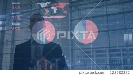 Image of financial data processing over caucasian businessmen 128582222