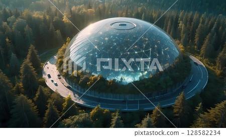 Game background: Horizon landscape with a futuristic dome capsule city 128582234