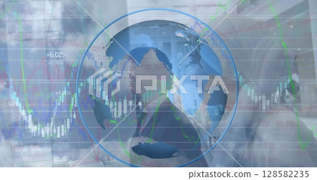 Image of financial data processing over caucasian businessmen 128582235