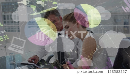 Image of statistics and data processing over caucasian business people Image of statistics and data processing over caucasian business people 128582237