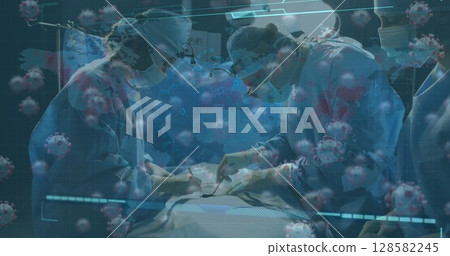 Operating three surgeons conducting surgery in operating room, with instruments and virus overlay 128582245