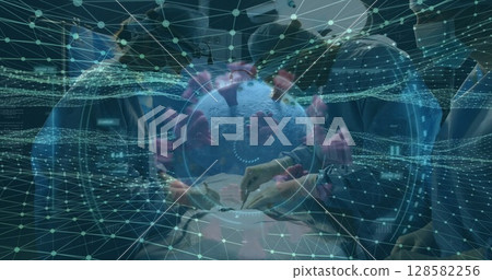 Floating 3D virus model showing pink spike proteins in hospital OR, with data network grid overlay 128582256