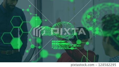 Image of scientific data over diverse businesspeople in vr headsets in office 128582295