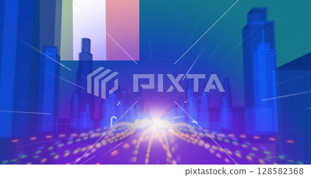Image of icons and light moving over cityscape landscape Image of icons and light moving over cityscape landscape 128582368