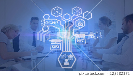 Image of technology icons over diverse businesspeople in office Image of technology icons over diverse businesspeople in office 128582371