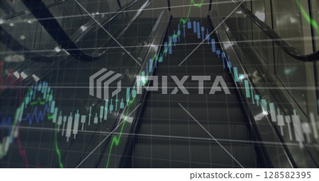 Image of financial graphs and data over escalator 128582395