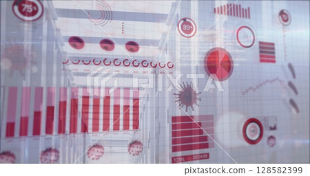 Image of diverse data and viruses over server room 128582399