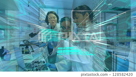 Image of scientific data processing over diverse female and male lab workers Image of scientific data processing over diverse female and male lab workers 128582420