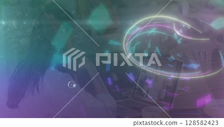 Image of neon tunnel and 5g moving fast over female lab worker Image of neon tunnel and 5g moving fast over female lab worker 128582423