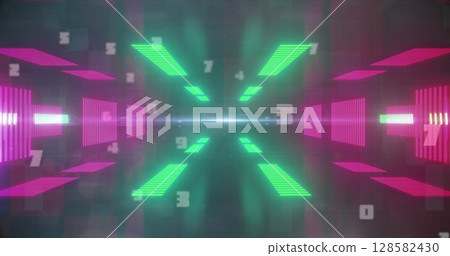 Image of neon lights and numbers in digital space Image of neon lights and numbers in digital space 128582430