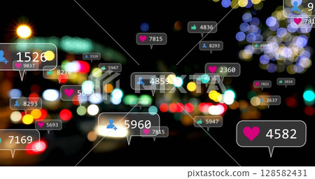 Image of social media icons and numbers over out of focus city lights Image of social media icons and numbers over out of focus city lights 128582431