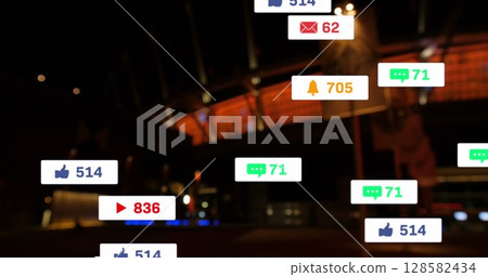 Image of social media icons and numbers over cityscape 128582434