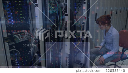 Image of warning text, data processing over computer servers and caucasian female it engineer 128582440