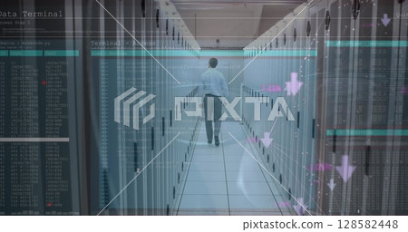 Image of data processing over computer servers and caucasian male it engineer 128582448