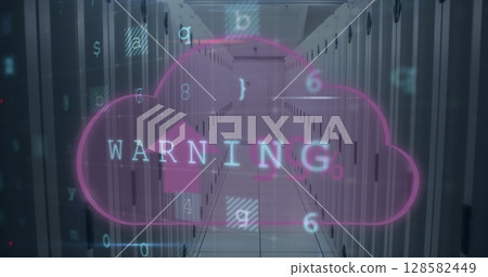 Image of cloud, warning text and data processing over computer servers in background 128582449