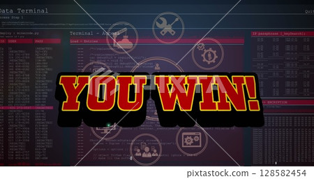 Image of you win text over data processing on dark background 128582454