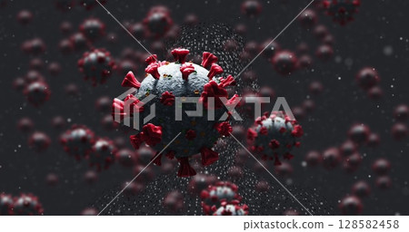 Image of covid 19 cells falling over dark background 128582458