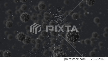 Image of covid 19 cells falling over dark background Image of covid 19 cells falling over dark background 128582460