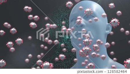 Image of covid 19 cells falling over dark background Image of covid 19 cells falling over dark background 128582464
