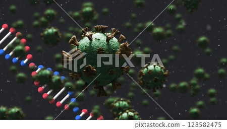 Image of dna strand spinning over covid 19 cells falling on dark background 128582475