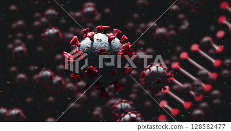 Image of dna strand spinning over covid 19 cells falling on dark background 128582477